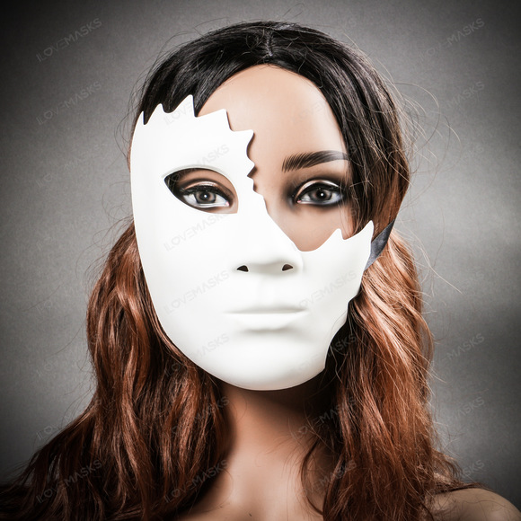 Unpainted Half Face Cracked Phantom Masquerade Mask - White - Picture 6 of 10